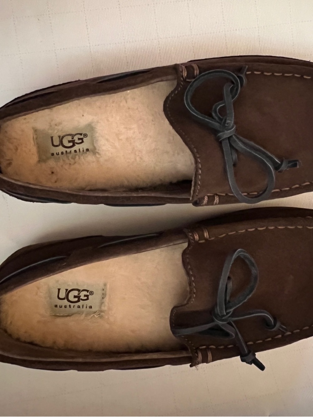 UGG Men’s Brown Suede Shearling Moccasin Loafers with Dark Brown Lace